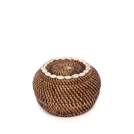 Bazar Bizar Colonial Peek-a-Boo opbergmand van rotan met schelpen en deksel – naturel bruin – 23 × 15 cm