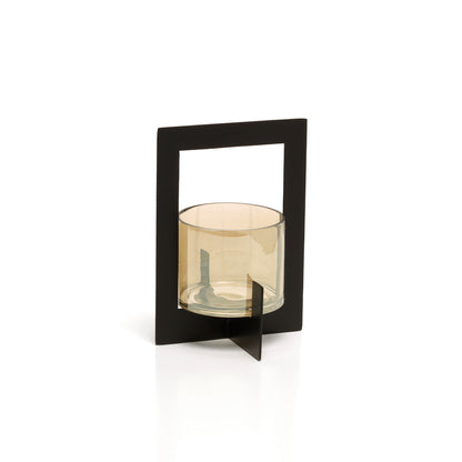 Bazar Bizar - Hurricane Framed Theelichthouder – Zwart Metaal & Glas (Maat M)