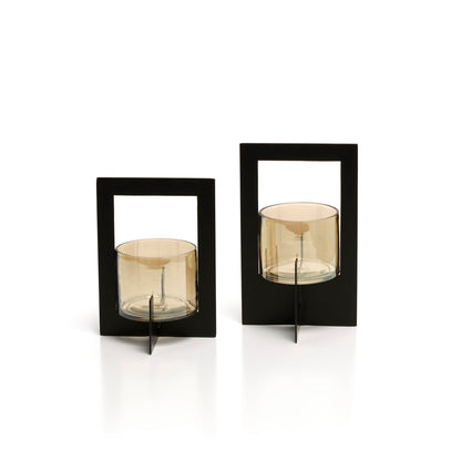 Bazar Bizar - Hurricane Framed Theelichthouder – Zwart Metaal & Glas (Maat M)