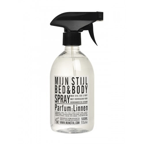Mijn Stijl Bed & Body Spray Linnen 500 ml in transparante fles met zwarte spraykop