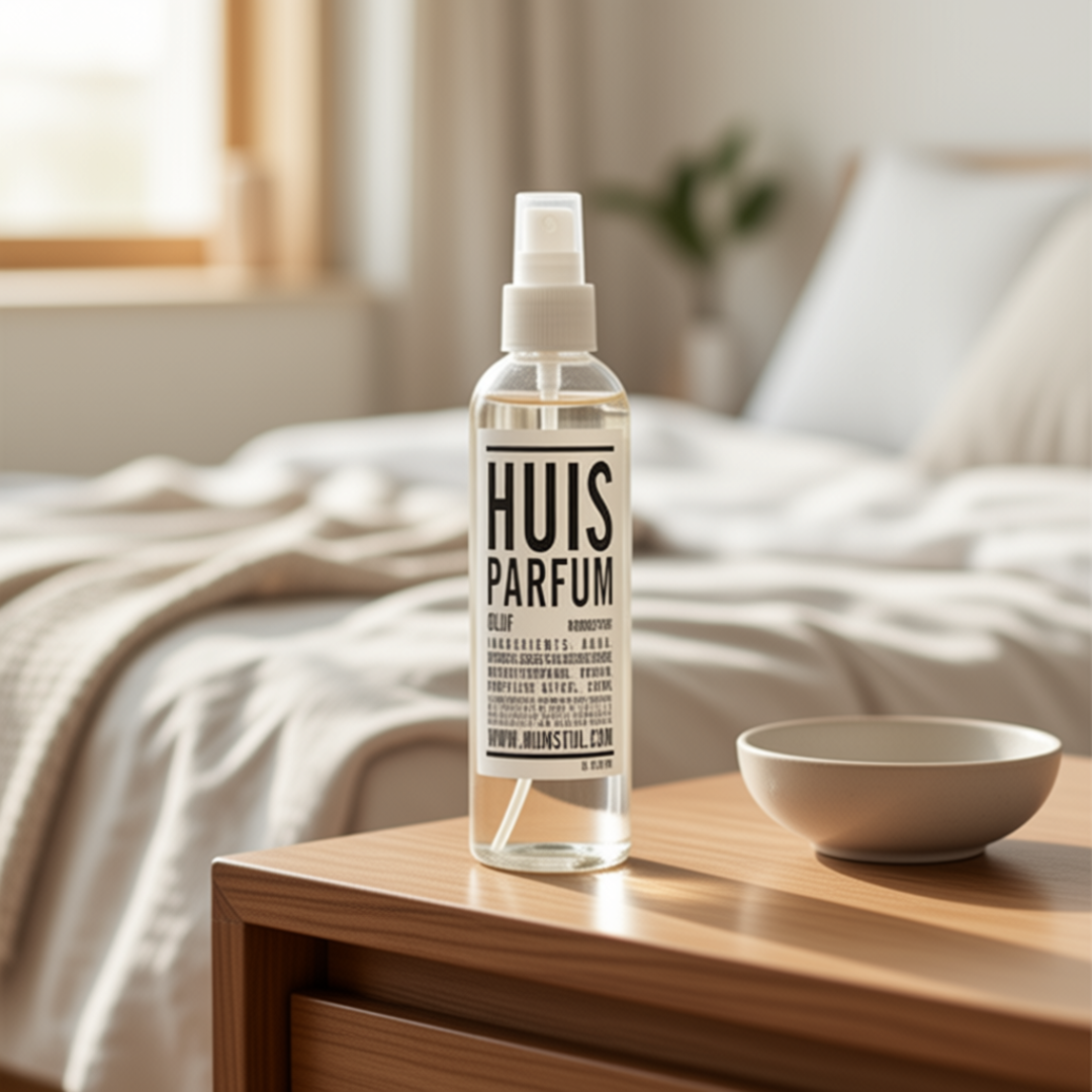 Mijn Stijl roomspray Olijf (250 ml) in een transparante fles met verstuiver, sfeervol geplaatst op de hoek van een houten nachtkastje. Rechtsnaast de fles staat een minimalistisch, licht schaaltje. De achtergrond toont een rustige, zacht verlichte slaapkamer met een opgemaakt bed in lichte tinten en een vage contour van een plant.