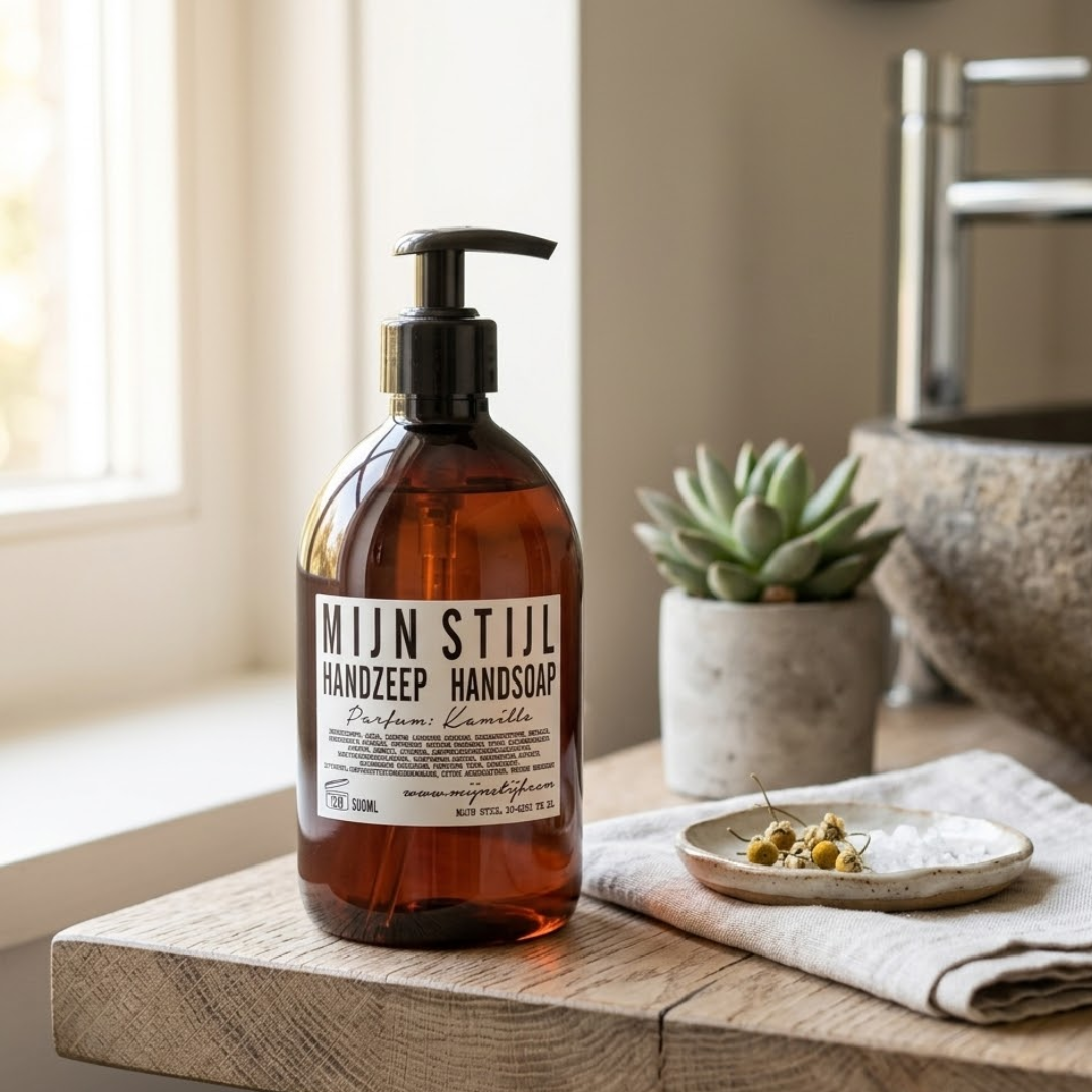 Mijn Stijl handzeep Kamille met wit etiket in bruine fles met pompje op een robuust houten blad, vergezeld door een linnen doek met een schaaltje gedroogde kamillebloemen en een klein vetplantje in een stenen pot op de achtergrond.