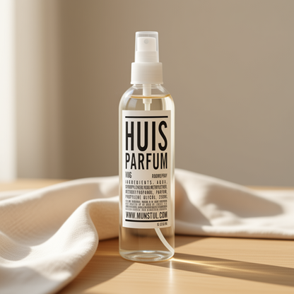 Mijn Stijl roomspray Vijg (250 ml) in een transparante fles met verstuiver, centraal gepresenteerd op een houten ondergrond. Links op de voorgrond is een subtiel deel van een lichte schaal of kom zichtbaar, en op de achtergrond ligt een beige, geweven doek of handdoek tegen een lichte, minimalistische wand waar het zonlicht sfeervol doorheen schijnt.