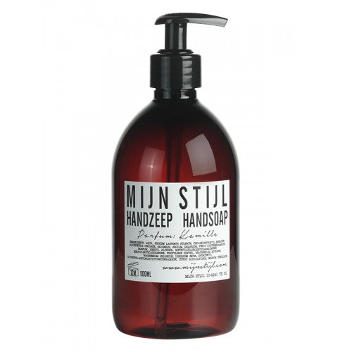 Mijn Stijl handzeep Kamille in 500 ml bruine fles met pompje en wit etiket
