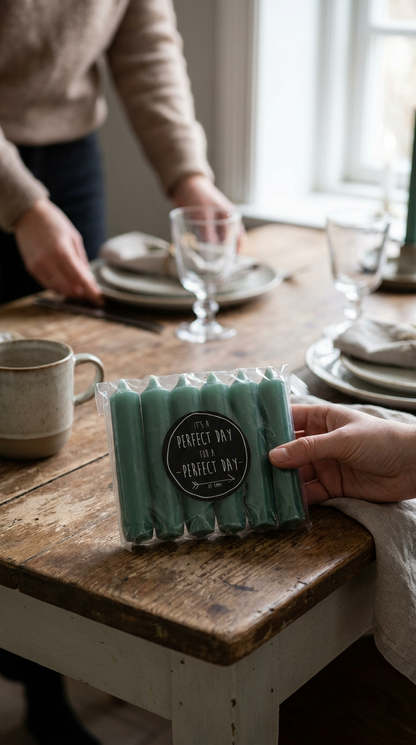 Rustik Lys cadeau dinerkaarsen Teal – zakje met 6 kaarsen op een gedekte tafel